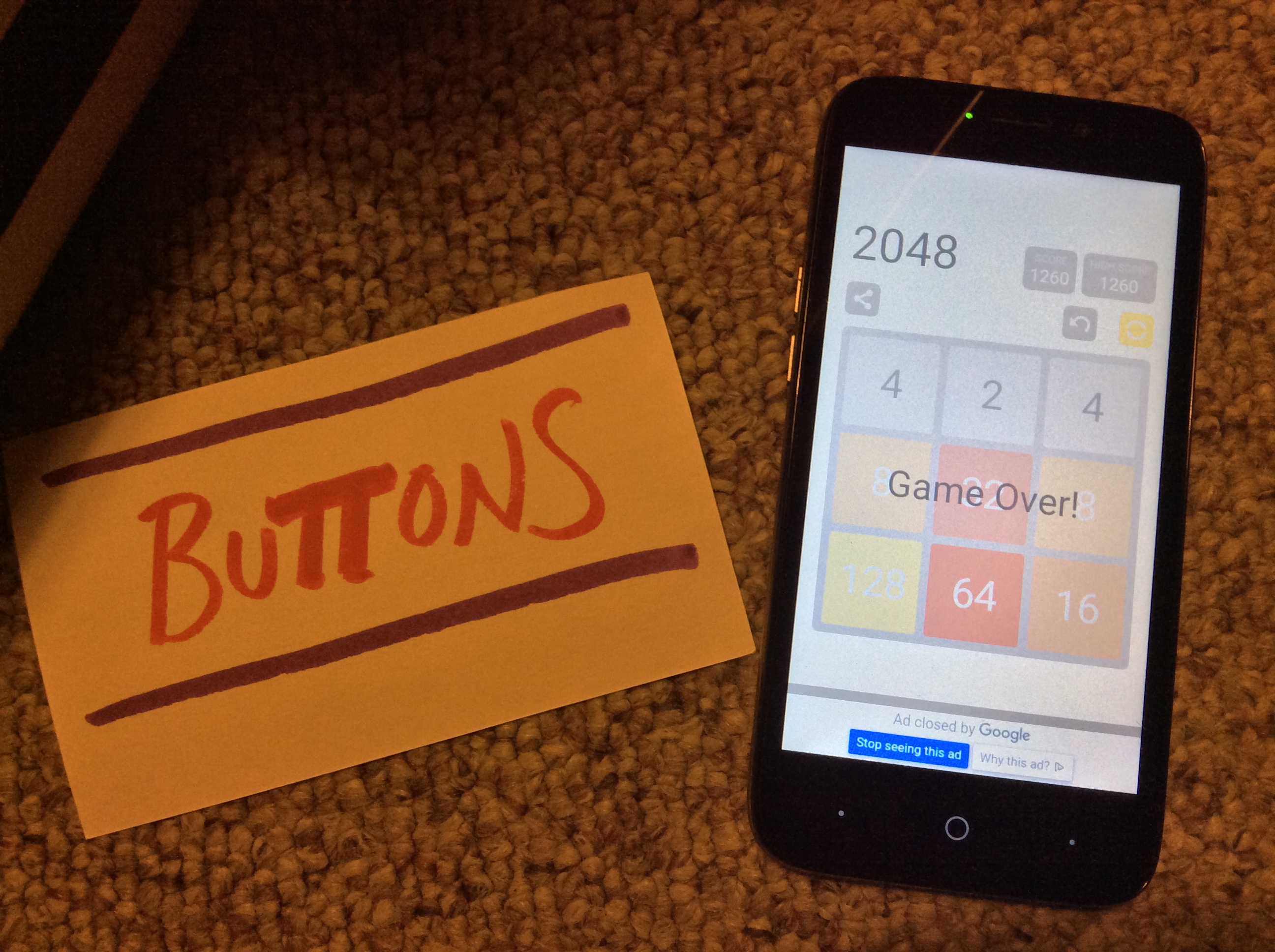 Buttons: 2048 [3x3 Board] (Android) 1,260 points on 2019-12-01 22:11:31