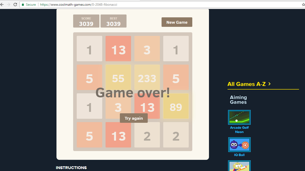 2048: Fibonacci - Jogue Online na Coolmath Games