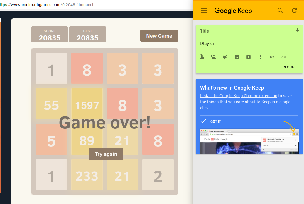 2048: Fibonacci - Play Online at Coolmath Games