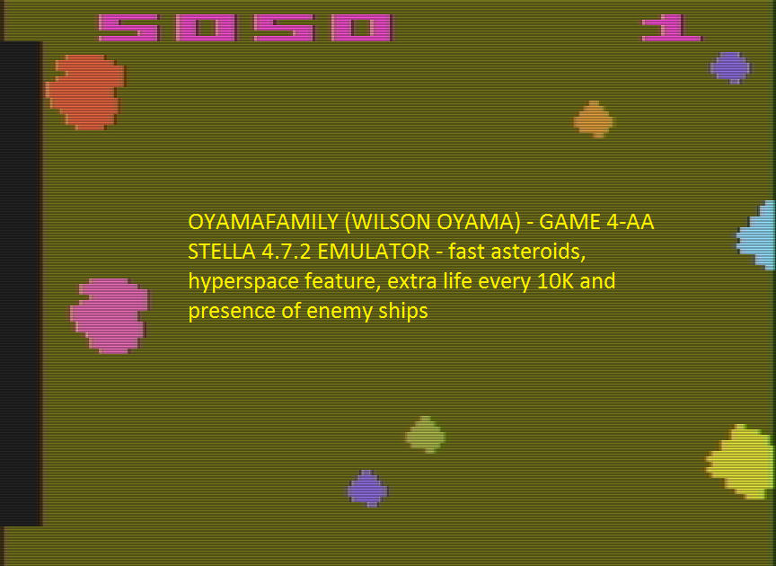 oyamafamily: Asteroids: Game 4 (Atari 2600 Emulated Expert/A Mode) 5,050 points on 2016-07-15 06:30:38