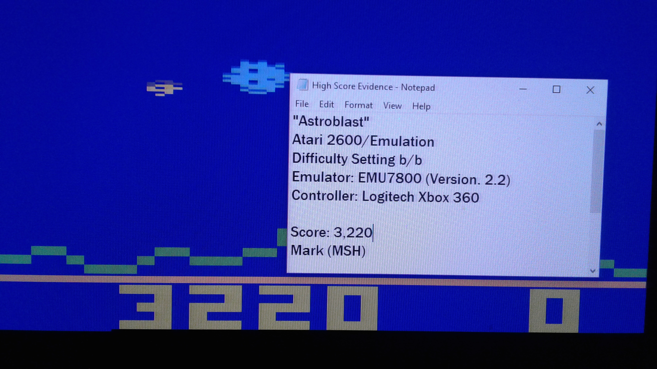 Mark: Astroblast (Atari 2600 Emulated Novice/B Mode) 3,220 points on 2019-03-23 02:42:12