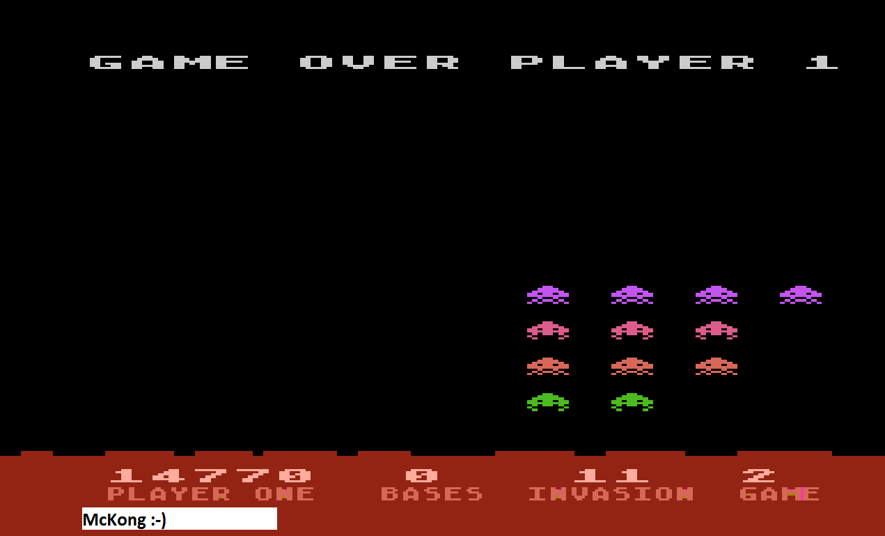 McKong: Atari Invaders [Game 2] (Atari 400/800/XL/XE Emulated) 14,770 points on 2015-09-22 01:34:37