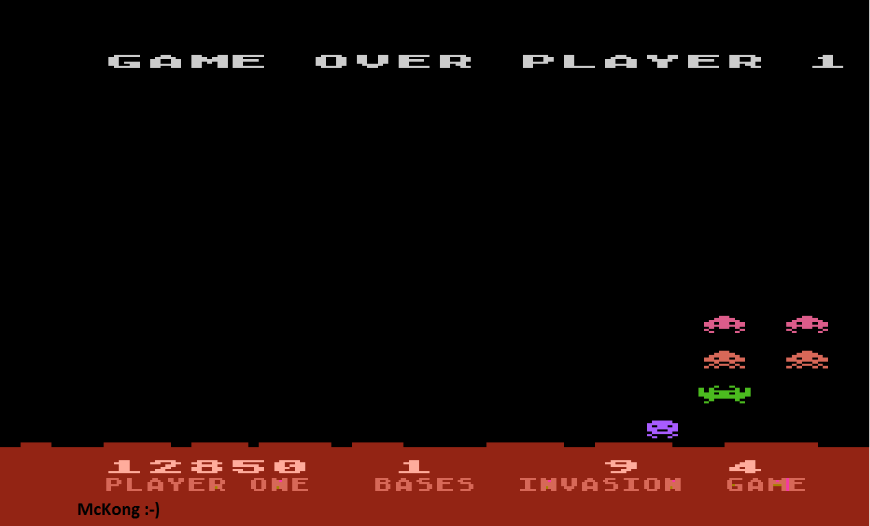 McKong: Atari Invaders [Game 4] (Atari 400/800/XL/XE Emulated) 12,850 points on 2015-09-22 01:36:01
