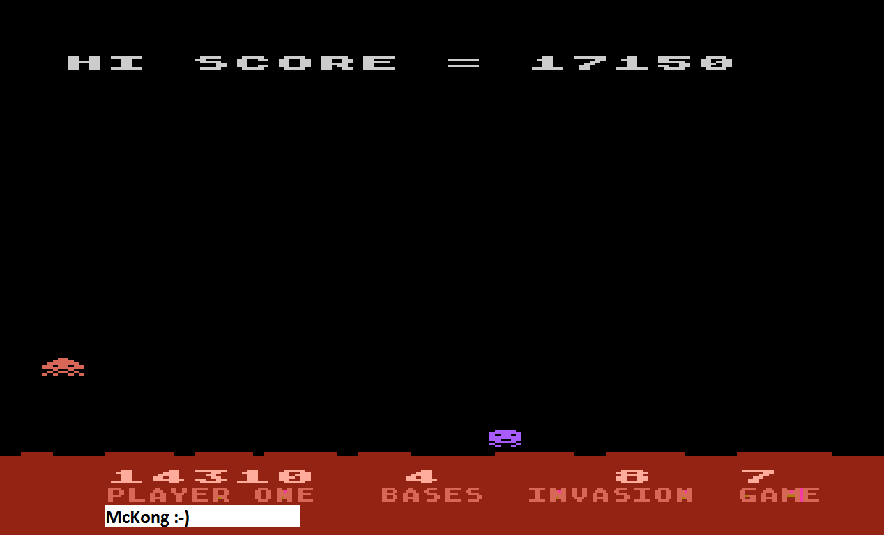 McKong: Atari Invaders [Game 7] (Atari 400/800/XL/XE Emulated) 14,310 points on 2015-09-22 06:20:57