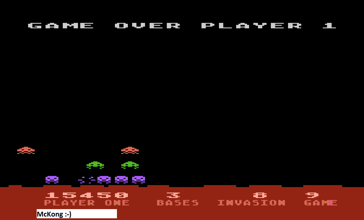 McKong: Atari Invaders [Game 9] (Atari 400/800/XL/XE Emulated) 15,450 points on 2015-09-23 01:36:07