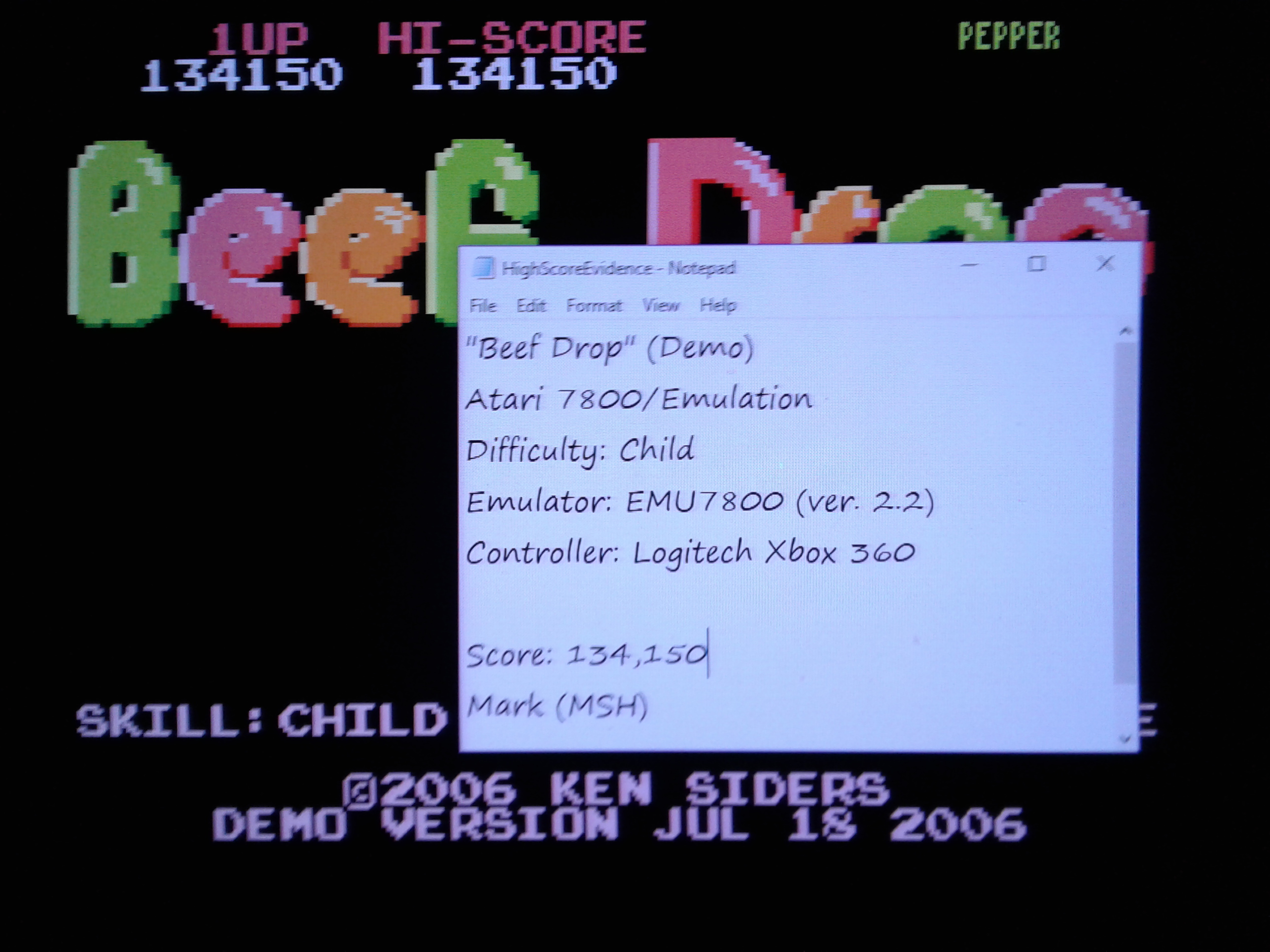 Mark: Beef Drop: Child [Demo Version] (Atari 7800 Emulated) 134,150 points on 2019-02-21 21:51:31