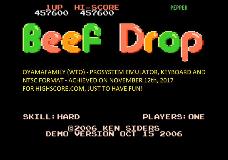 oyamafamily: Beef Drop: Hard [Demo Version] (Atari 7800 Emulated) 457,600 points on 2017-11-15 12:46:38