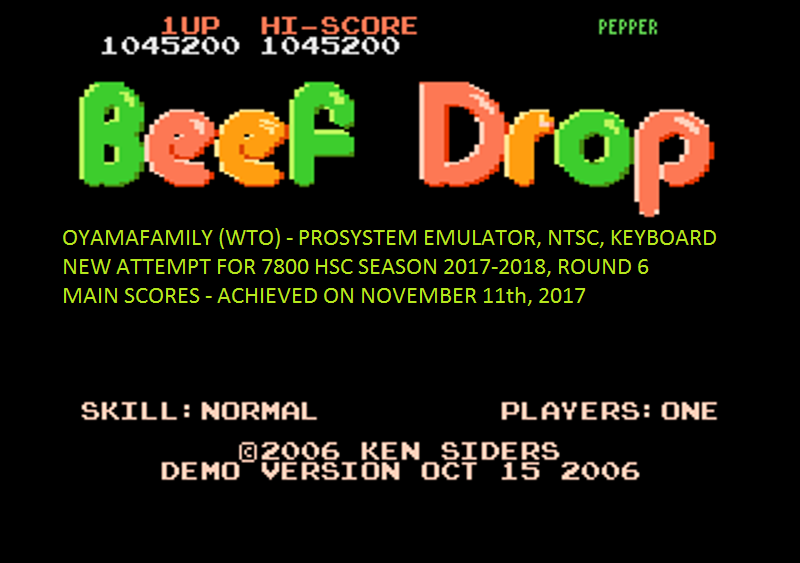oyamafamily: Beef Drop: Normal [Demo Version] (Atari 7800 Emulated) 1,045,200 points on 2017-11-15 12:51:09