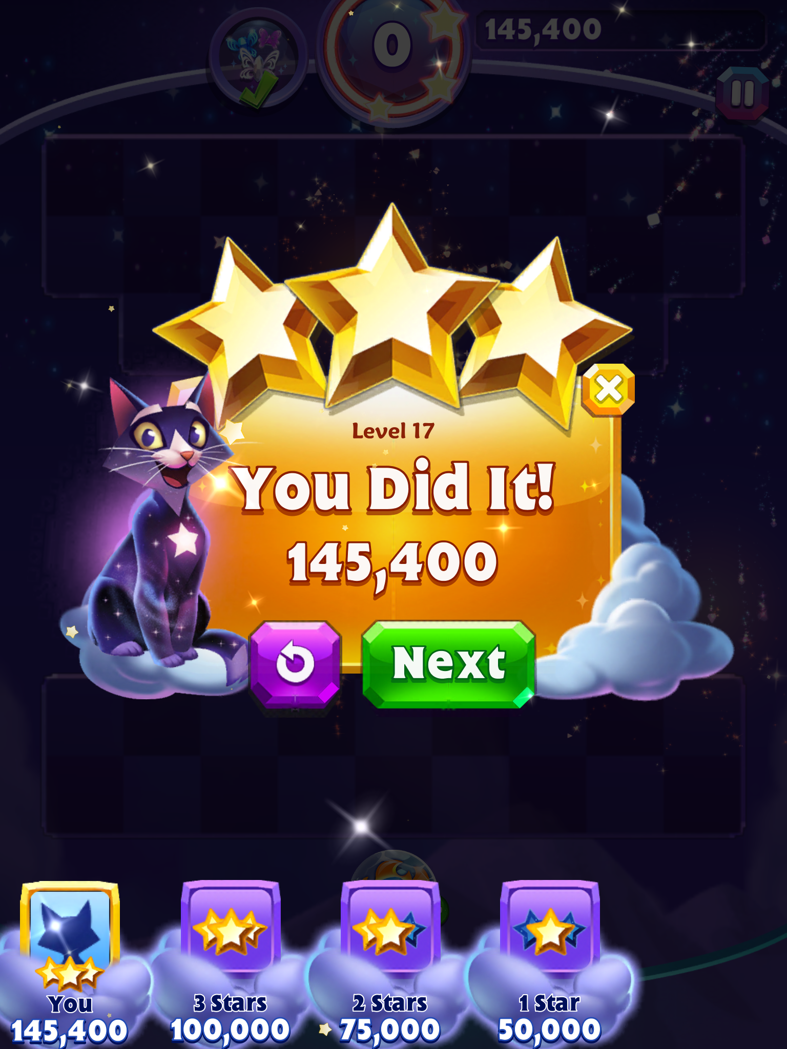 Spindy12: Bejeweled Stars: Level 17 - No Net? No Problem. (iOS) 145,400 points on 2016-12-25 07:54:41