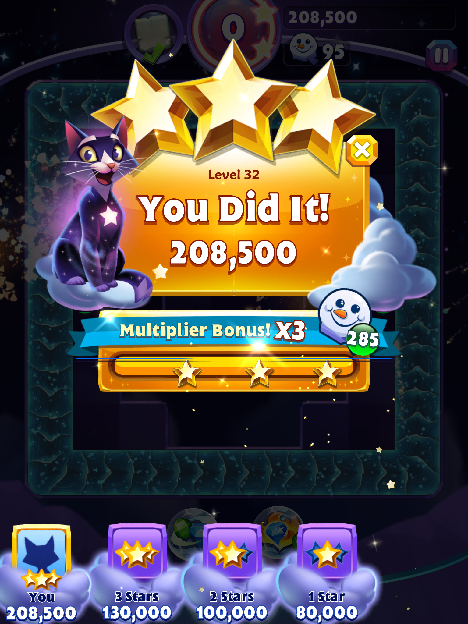 Spindy12: Bejeweled Stars: Level 32: In my own little corner (iOS) 208,500 points on 2016-12-25 12:10:30