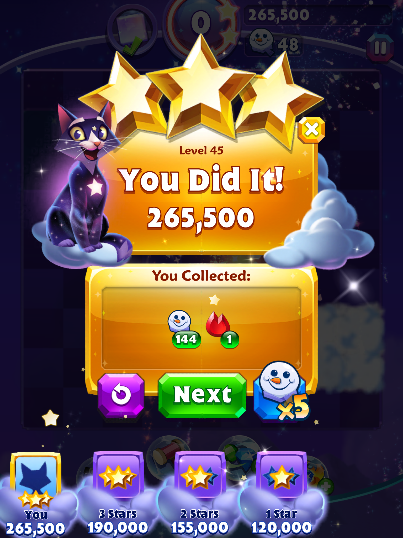 Bejeweled Stars: Level 45: Intro to clouds 265,500 points