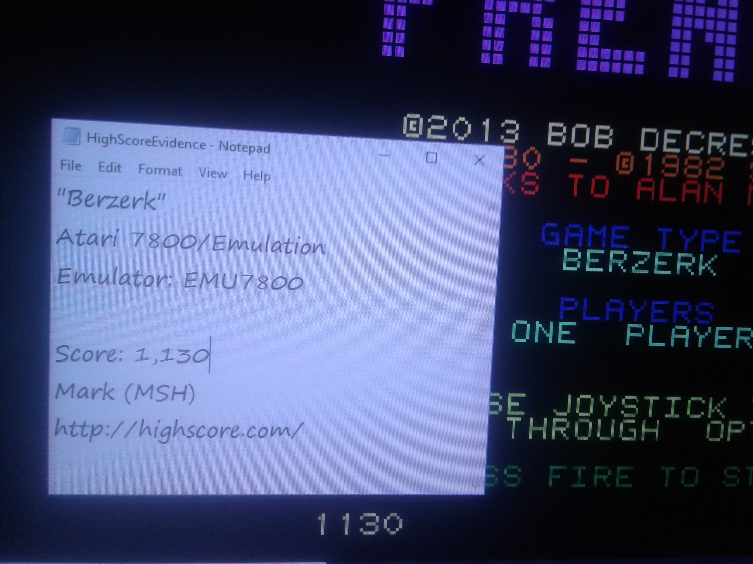 Mark: Berzerk (Atari 7800 Emulated) 1,130 points on 2019-01-23 02:27:35