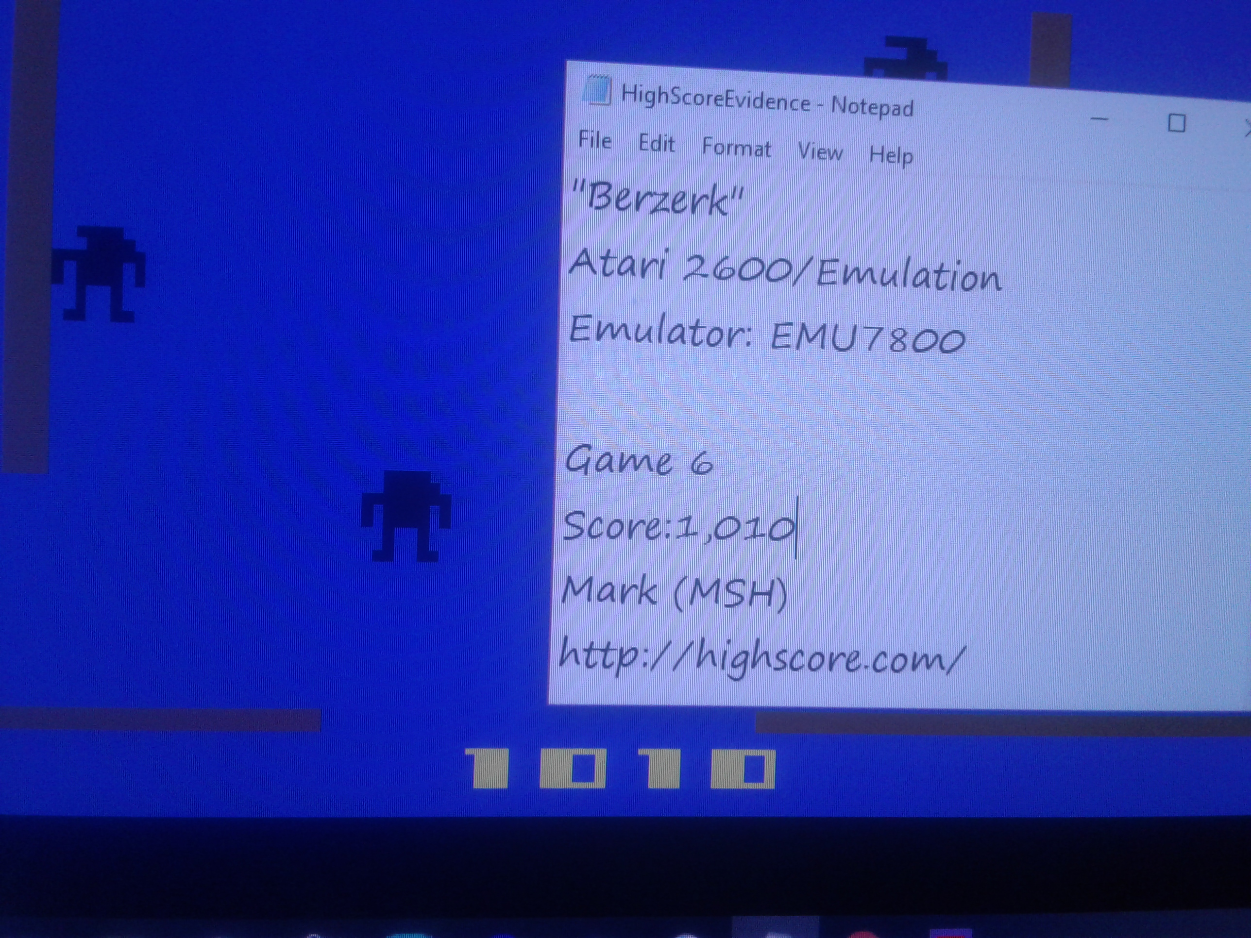 Mark: Berzerk: Game 6 (Atari 2600 Emulated) 1,010 points on 2019-01-23 01:51:06