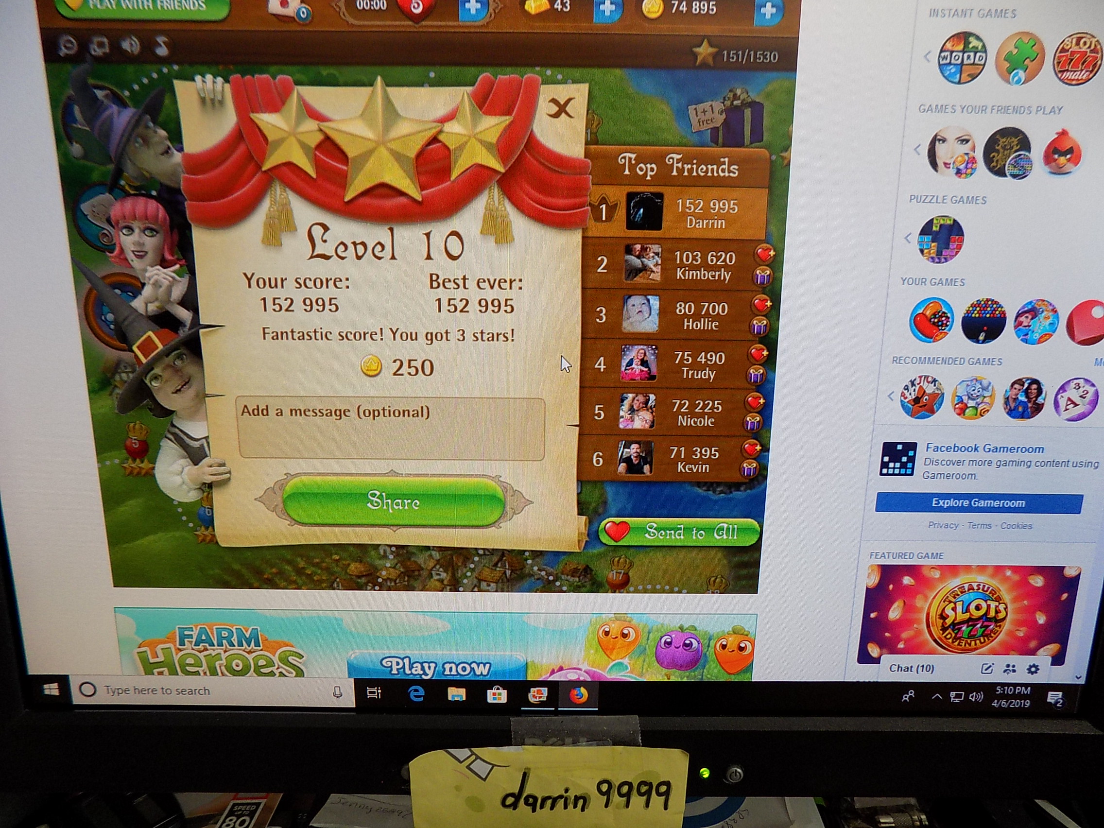 darrin9999: Bubble Witch Saga: Level 10 (Web) 152,995 points on 2019-04-06 15:11:19