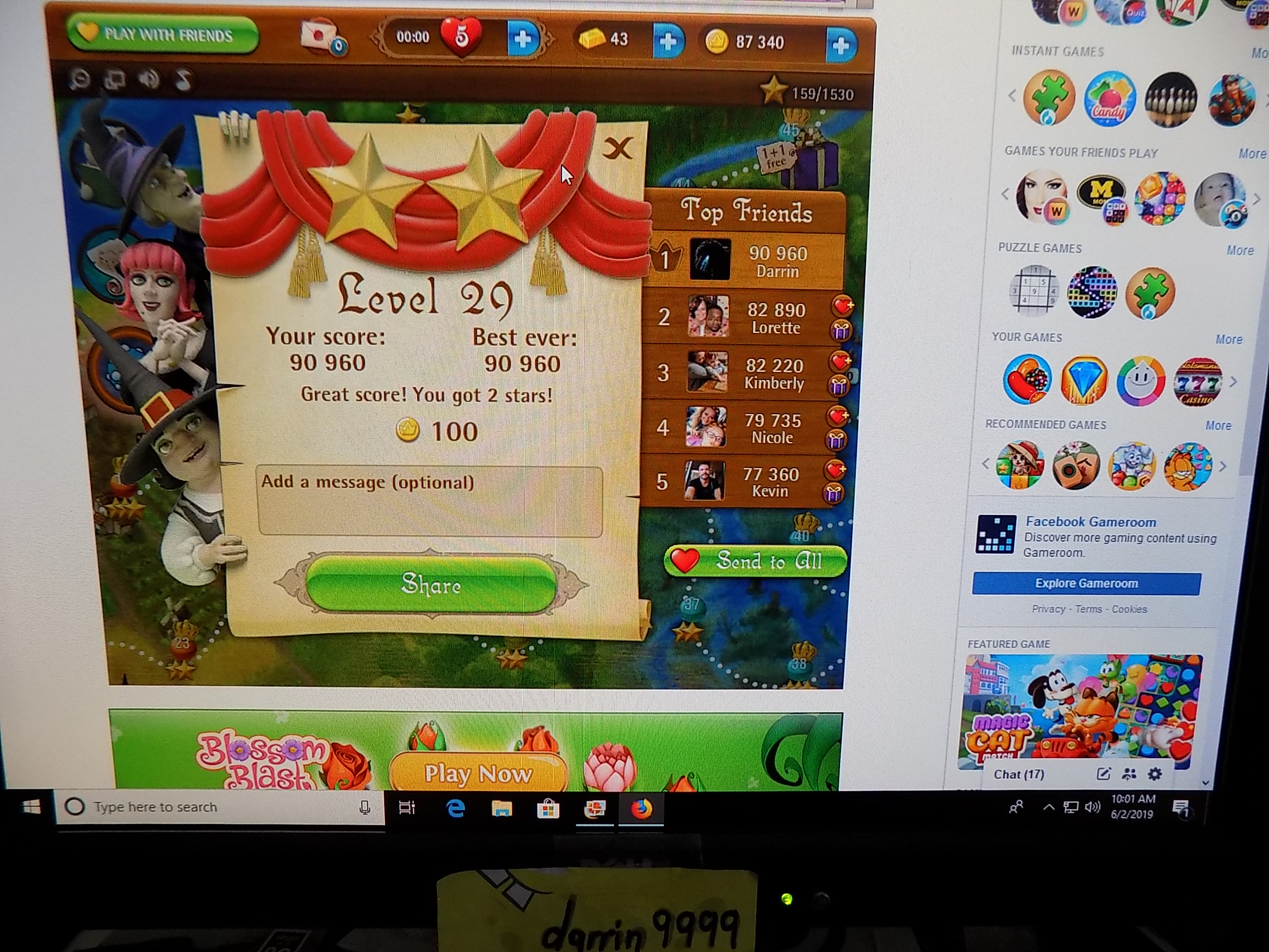 darrin9999: Bubble Witch Saga: Level 29 (Web) 90,960 points on 2019-06-02 08:22:55