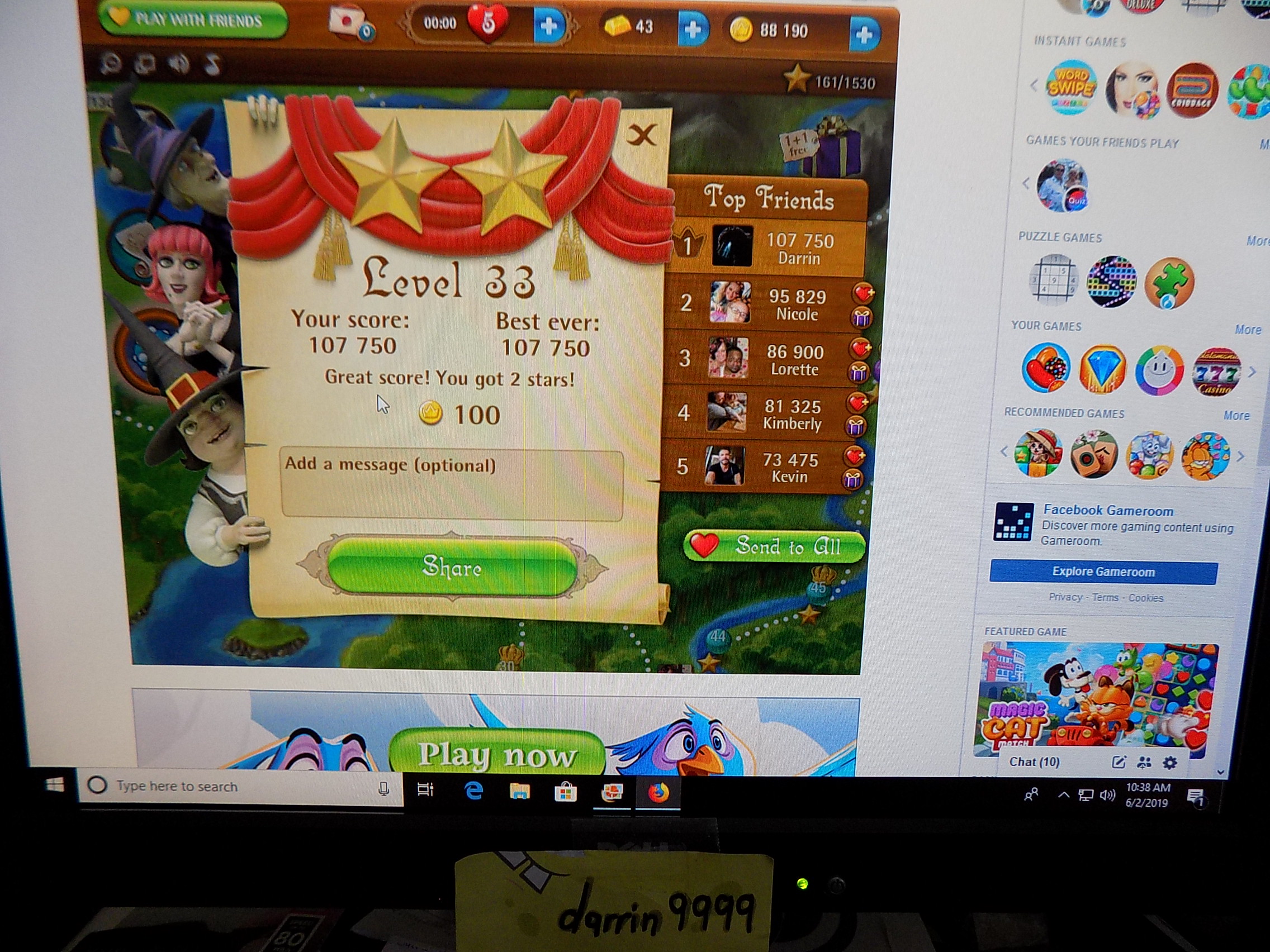 darrin9999: Bubble Witch Saga: Level 33 (Web) 107,750 points on 2019-06-02 08:41:36