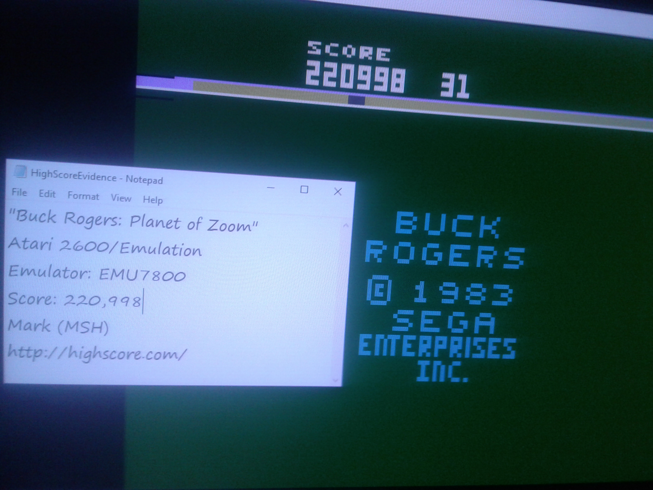 Mark: Buck Rogers: Planet of Zoom (Atari 2600 Emulated Novice/B Mode) 220,998 points on 2019-01-15 00:20:02