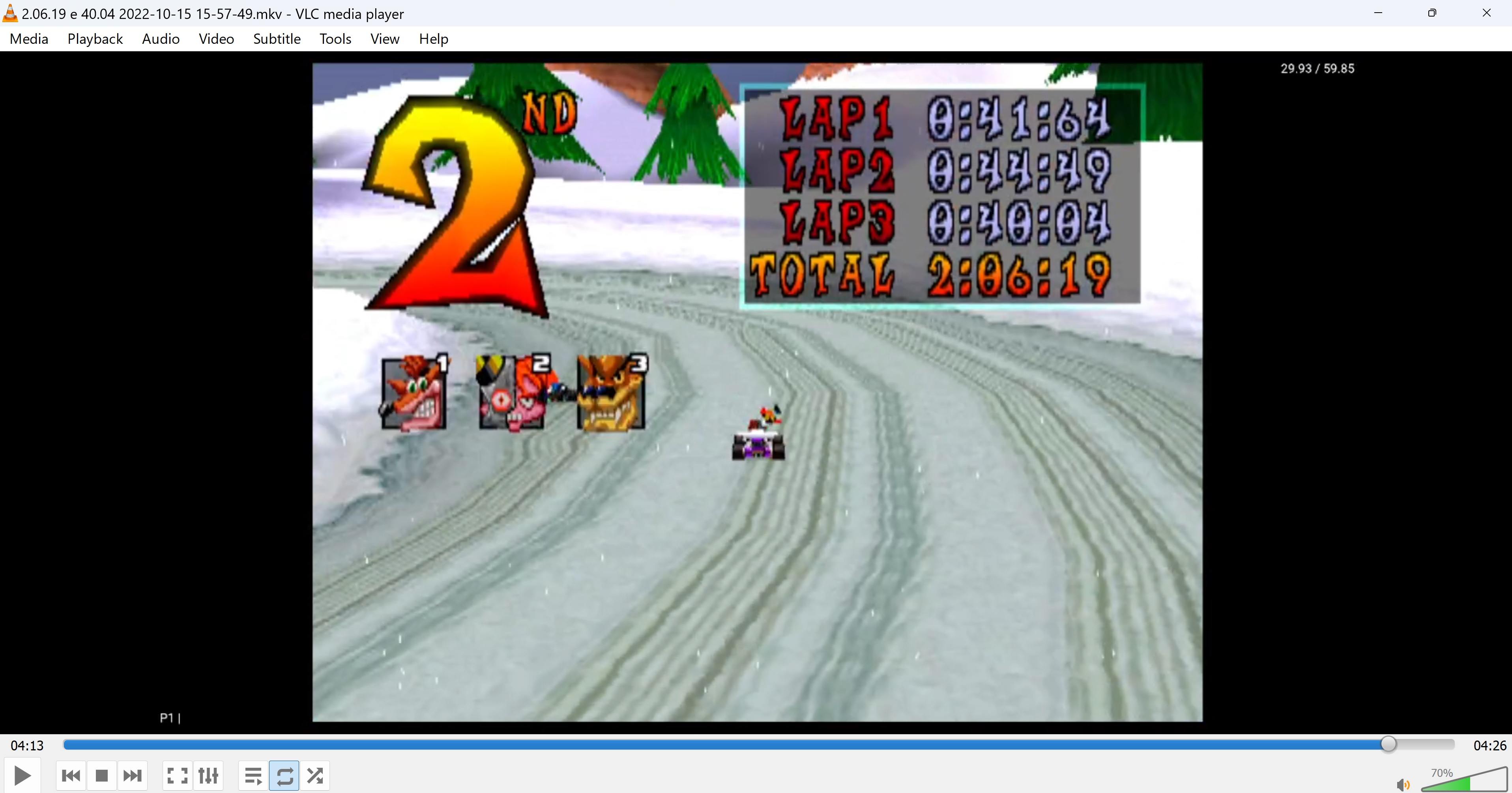 CTR Crash Team Racing: Arcade: Blizzard Bluff: Single: Medium: 3 Laps [Race Time] time of 0:02:06.19