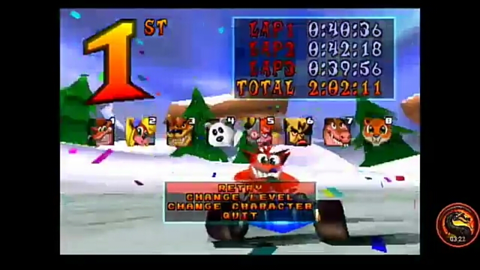 CTR Crash Team Racing: Arcade: Blizzard Bluff: Single: Medium: 3 Laps [Race Time] time of 0:02:02.11