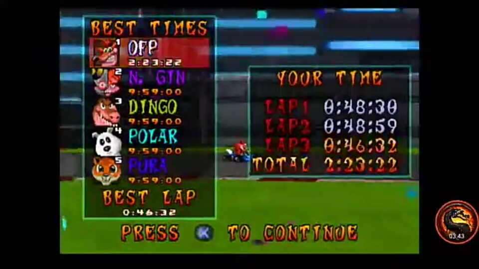 CTR Crash Team Racing: Time Trial: Slide Coliseum [Race Time] time of 0:02:23.22