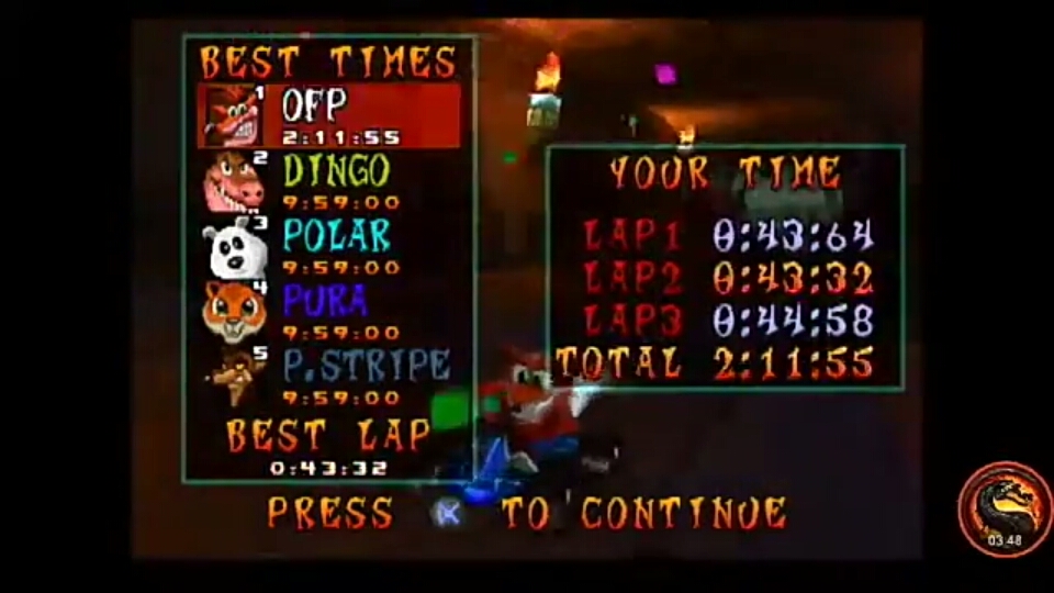 CTR Crash Team Racing: Time Trial: Tiger Temple [Race Time] time of 0:02:11.55