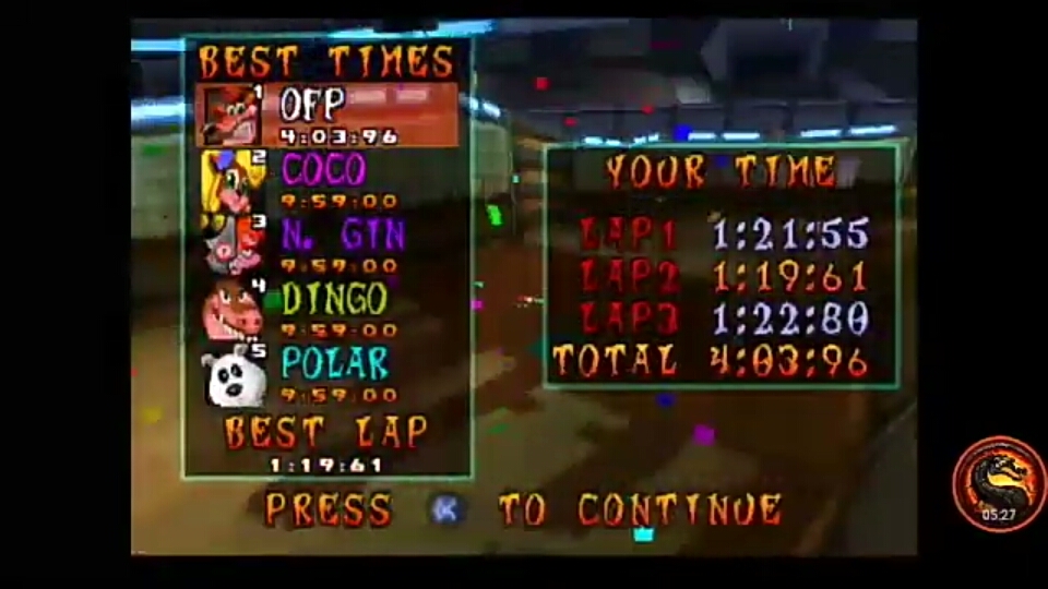 CTR Crash Team Racing: Time Trial: Tiny Arena [Race Time] time of 0:04:03.96