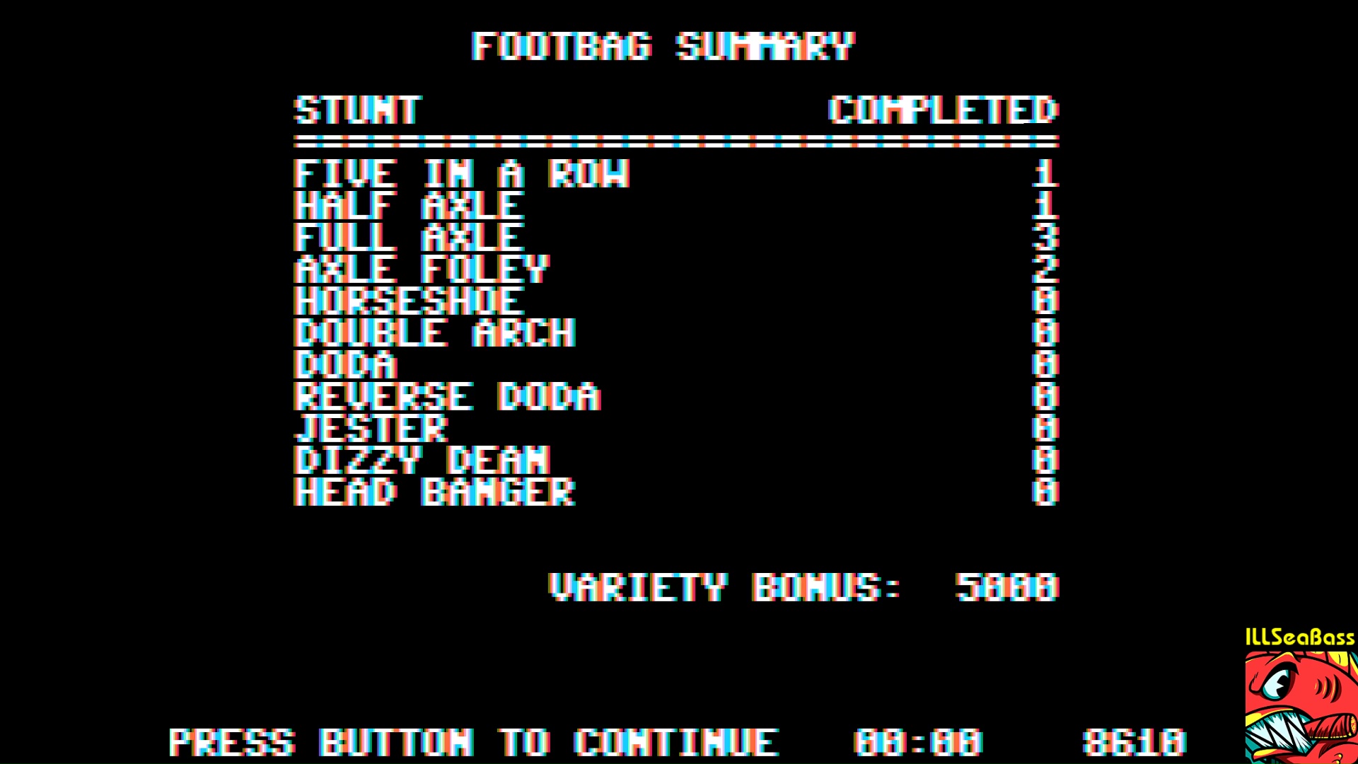 ILLSeaBass: California Games: Foot Bag (Apple II Emulated) 8,610 points on 2018-01-13 08:18:39
