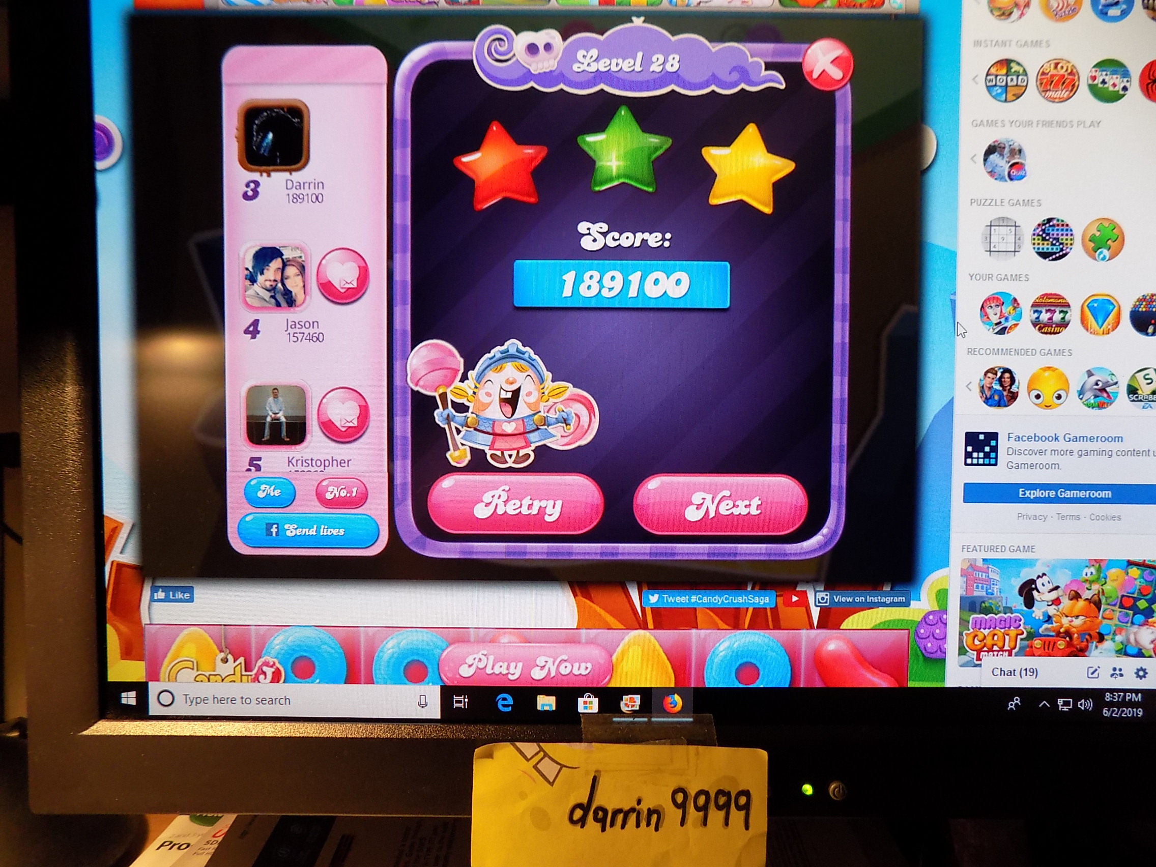 darrin9999: Candy Crush Saga: Level 028 (Web) 189,100 points on 2019-06-03 16:19:29