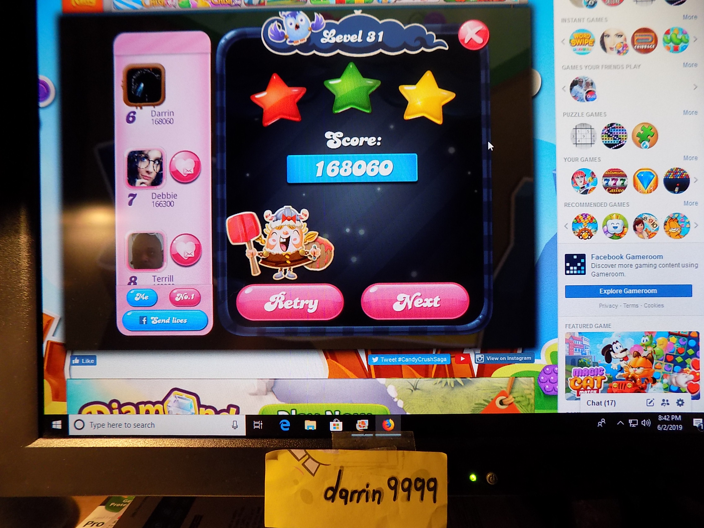 darrin9999: Candy Crush Saga: Level 031 (Web) 168,060 points on 2019-06-03 16:22:17
