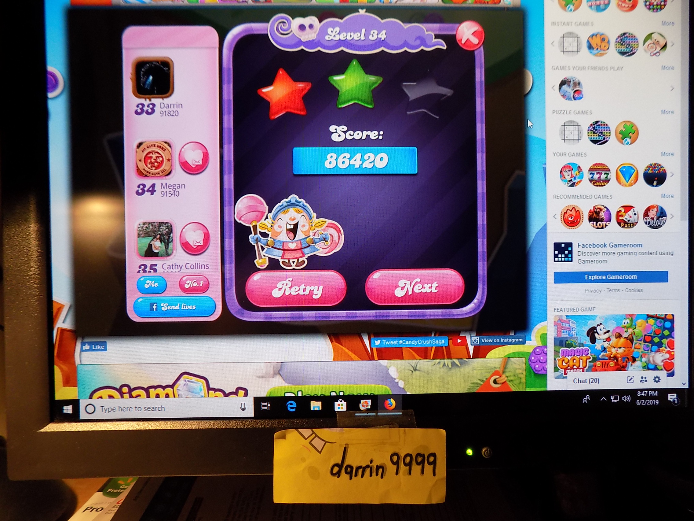 darrin9999: Candy Crush Saga: Level 034 (Web) 86,420 points on 2019-06-03 16:25:37