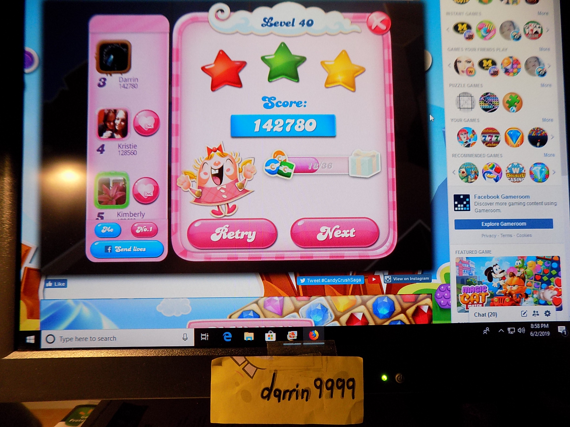 darrin9999: Candy Crush Saga: Level 040 (Web) 142,780 points on 2019-06-03 16:32:27