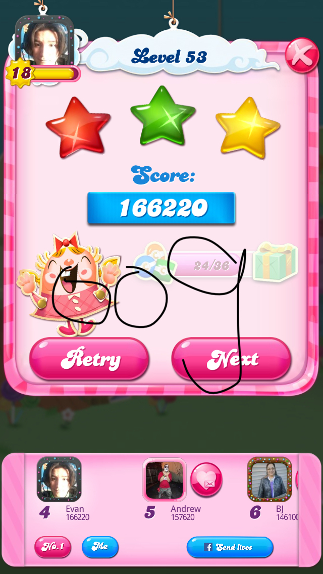 OOG: Candy Crush Saga: Level 053 (iOS) 166,220 points on 2018-04-01 11:12:05