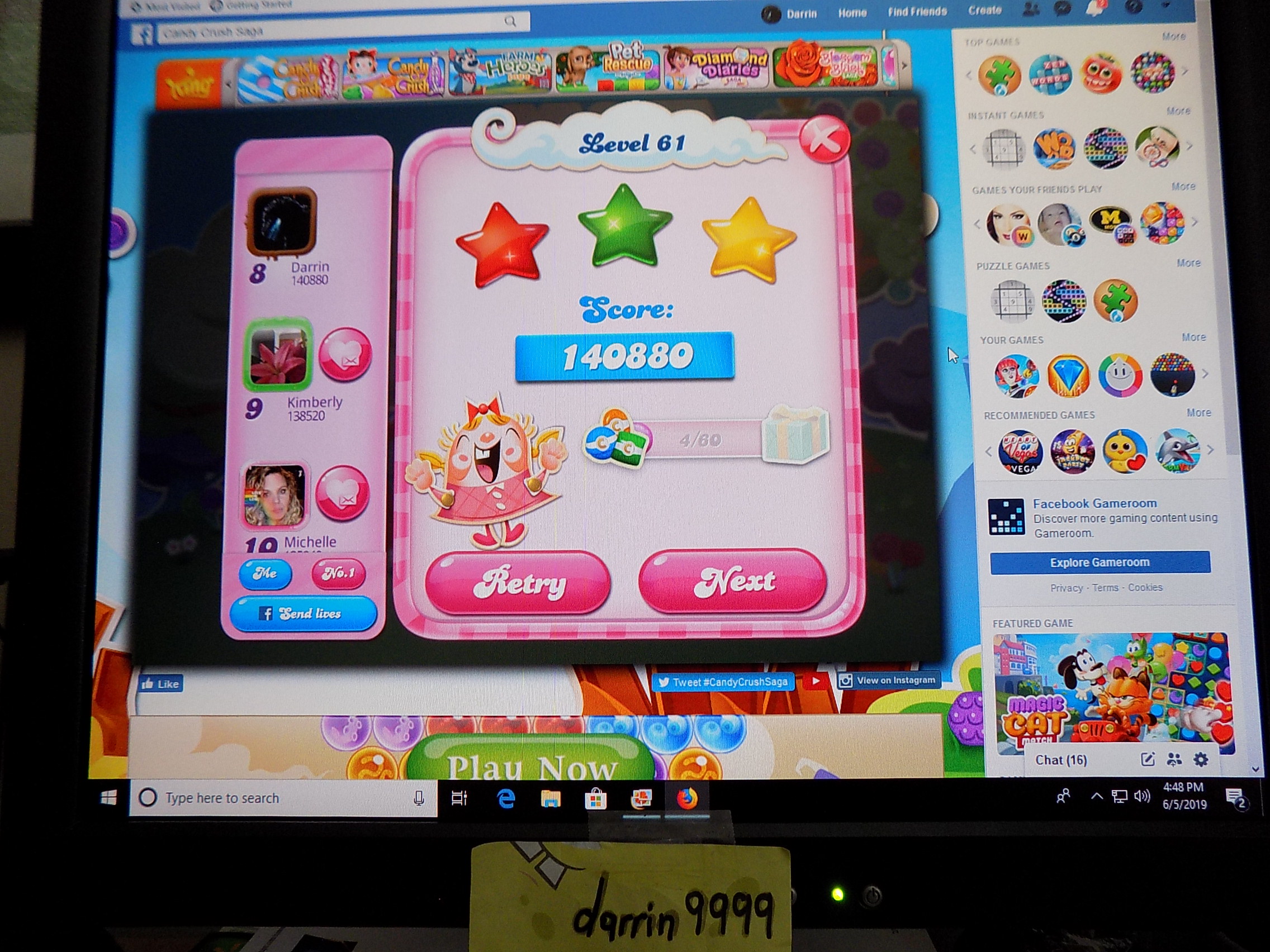 darrin9999: Candy Crush Saga: Level 061 (Web) 140,880 points on 2019-06-12 15:26:00