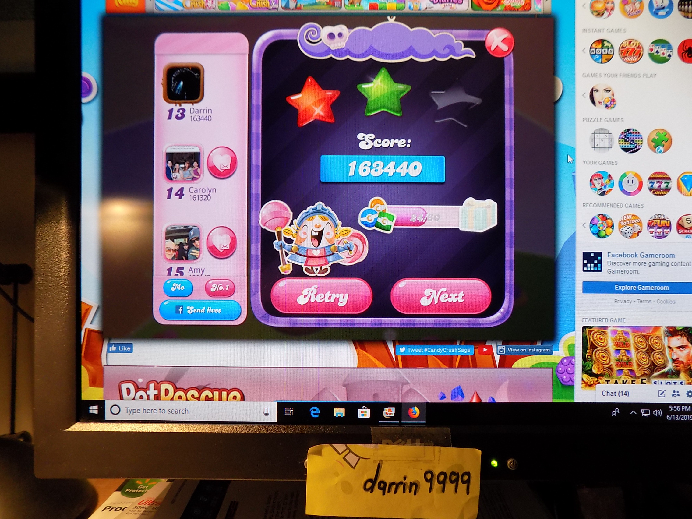darrin9999: Candy Crush Saga: Level 074 (Web) 163,440 points on 2019-06-13 16:43:45