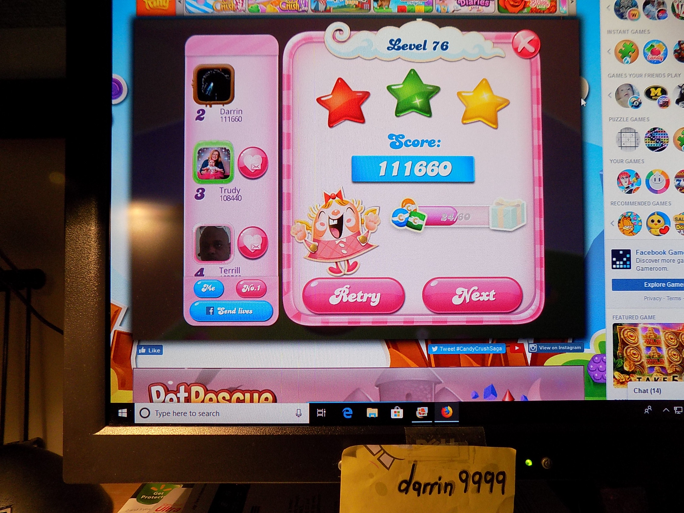 darrin9999: Candy Crush Saga: Level 076 (Web) 111,660 points on 2019-06-13 16:45:34