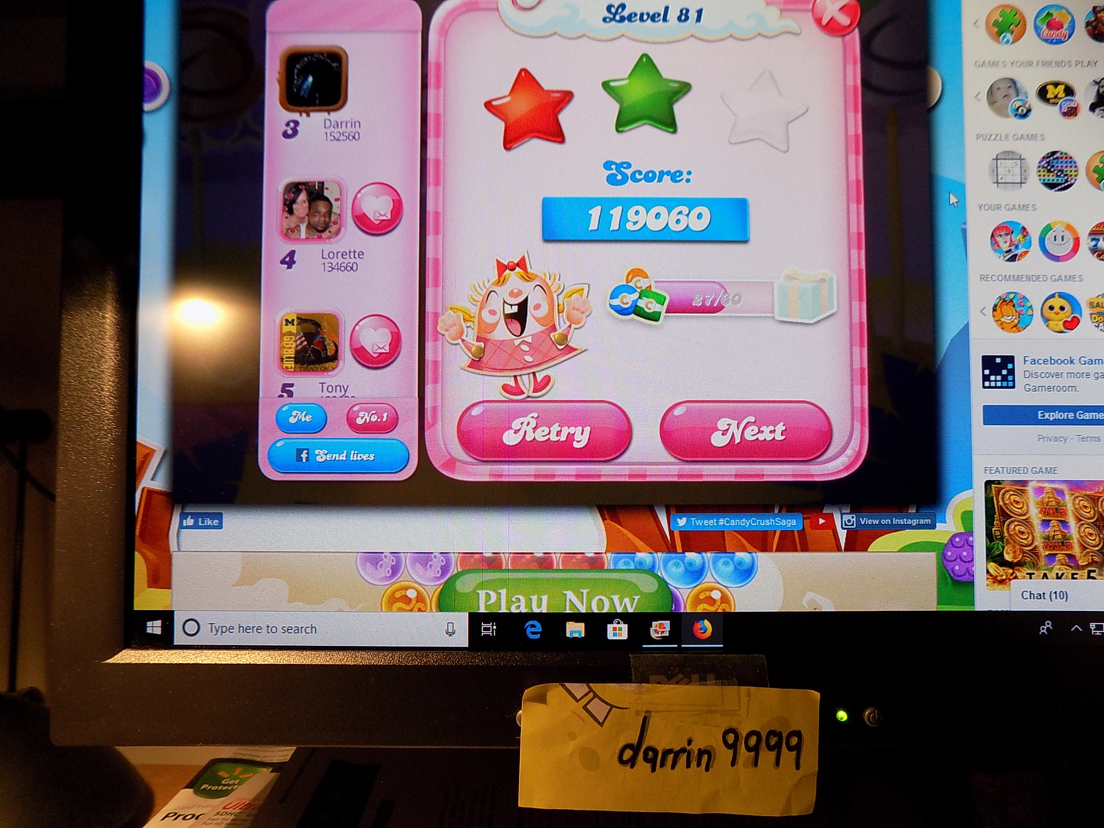 darrin9999: Candy Crush Saga: Level 081 (Web) 119,060 points on 2019-06-13 16:50:49