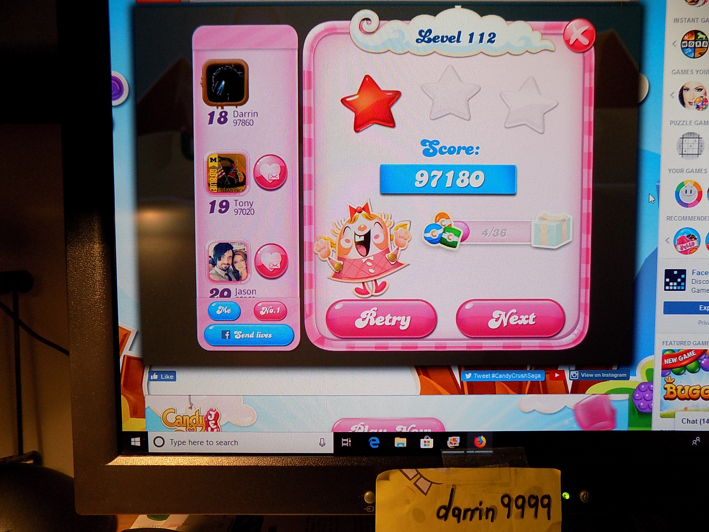 darrin9999: Candy Crush Saga: Level 112 (Web) 97,180 points on 2019-07-15 06:54:43