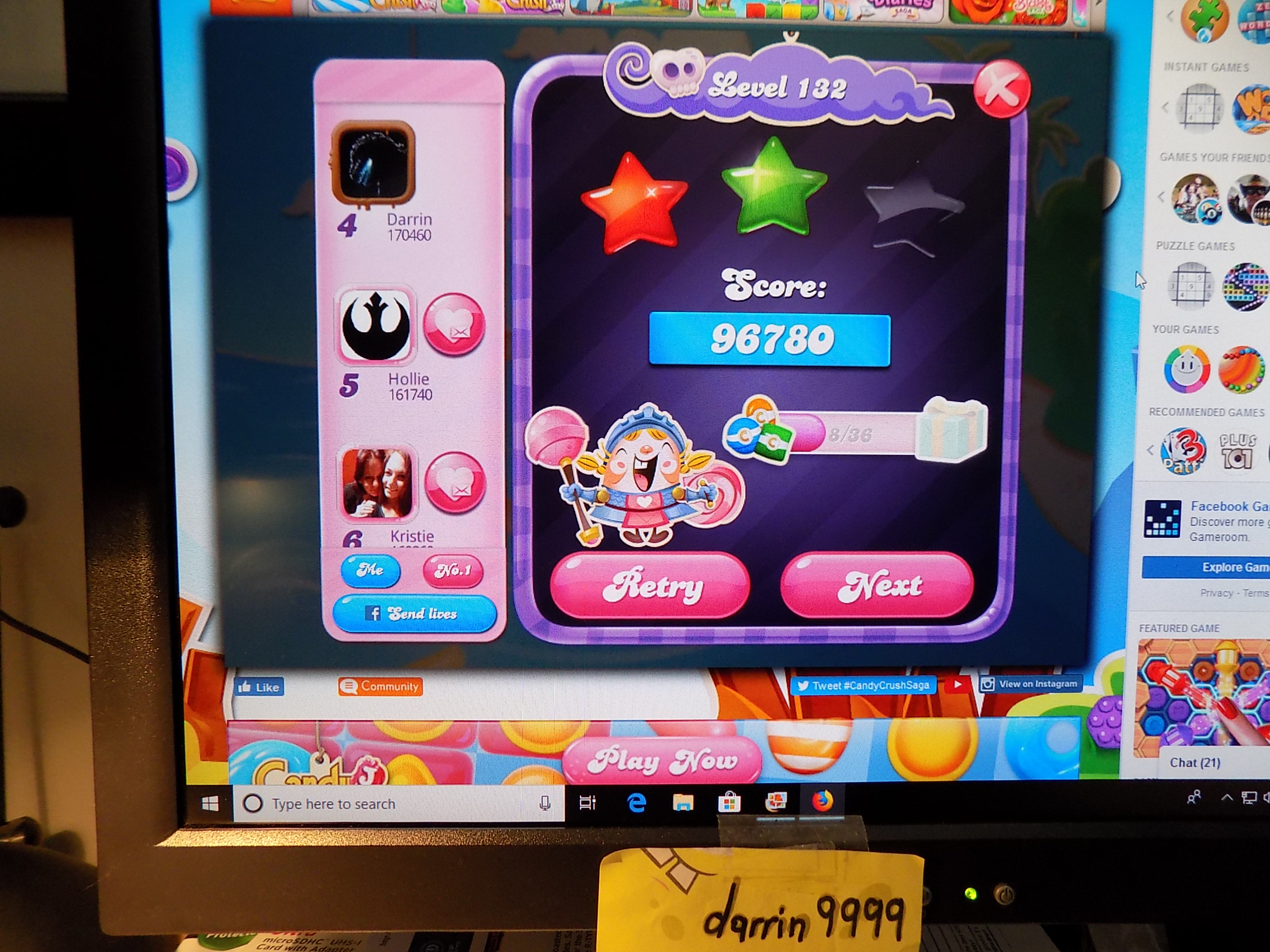 darrin9999: Candy Crush Saga: Level 132 (Web) 96,780 points on 2019-08-19 13:54:51