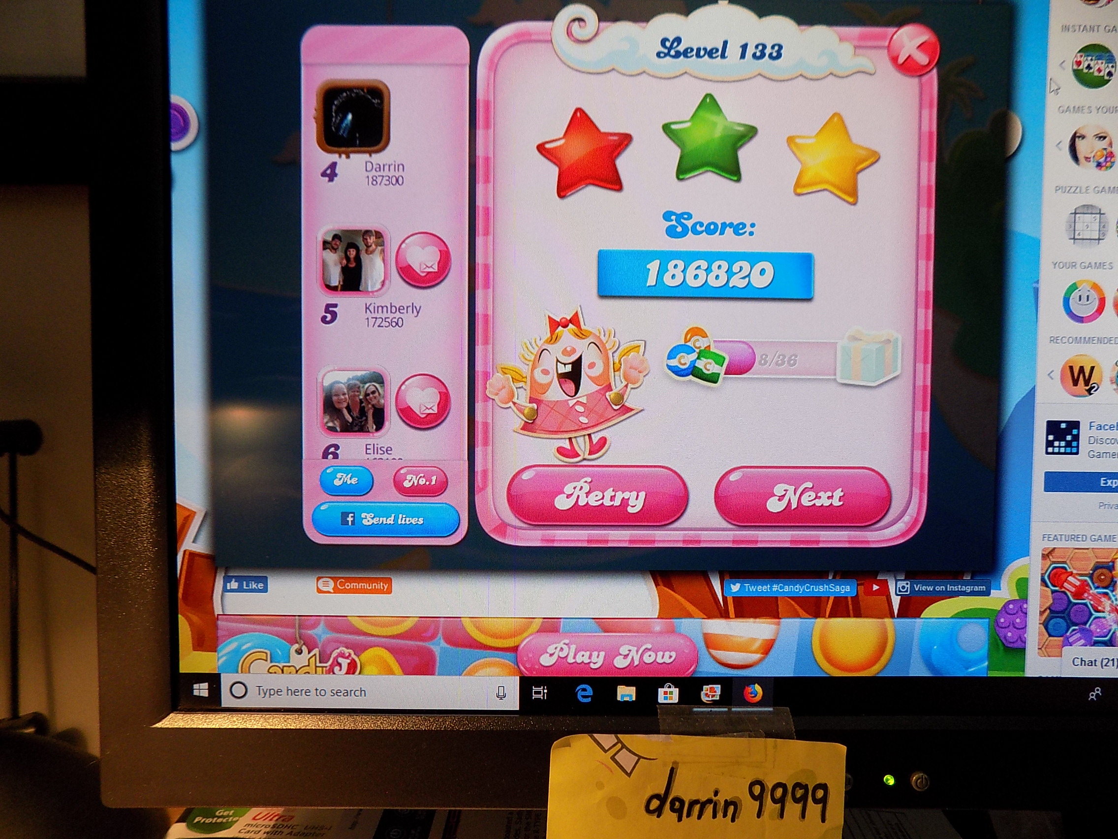 darrin9999: Candy Crush Saga: Level 133 (Web) 186,820 points on 2019-08-19 13:55:59