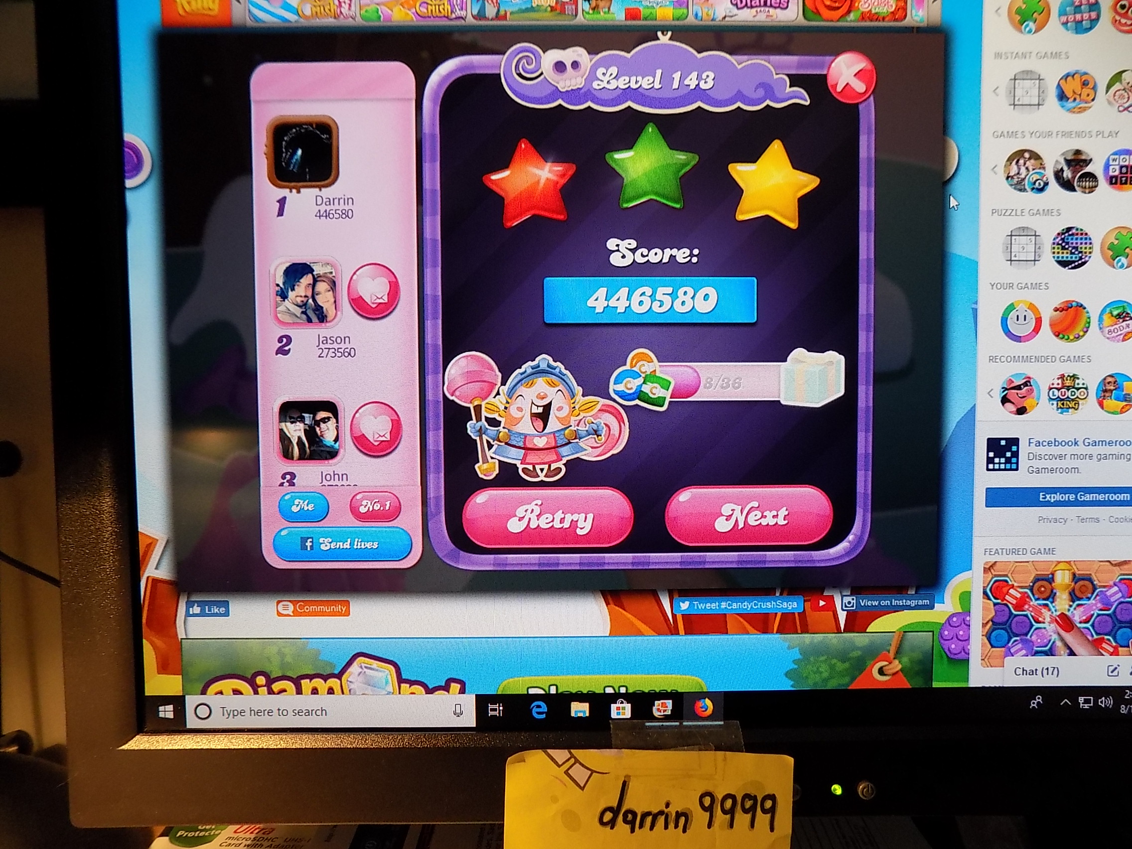 darrin9999: Candy Crush Saga: Level 143 (Web) 446,580 points on 2019-08-19 14:07:37