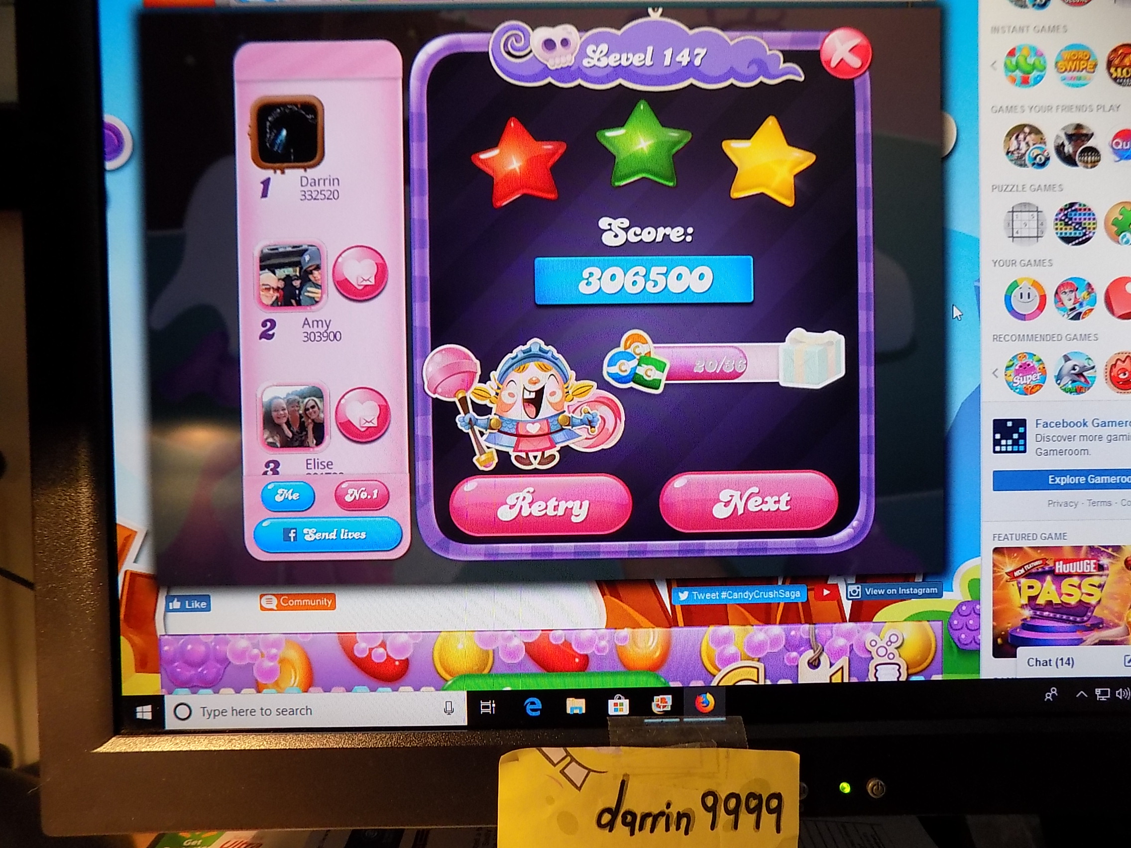 darrin9999: Candy Crush Saga: Level 147 (Web) 306,500 points on 2019-08-19 14:11:37