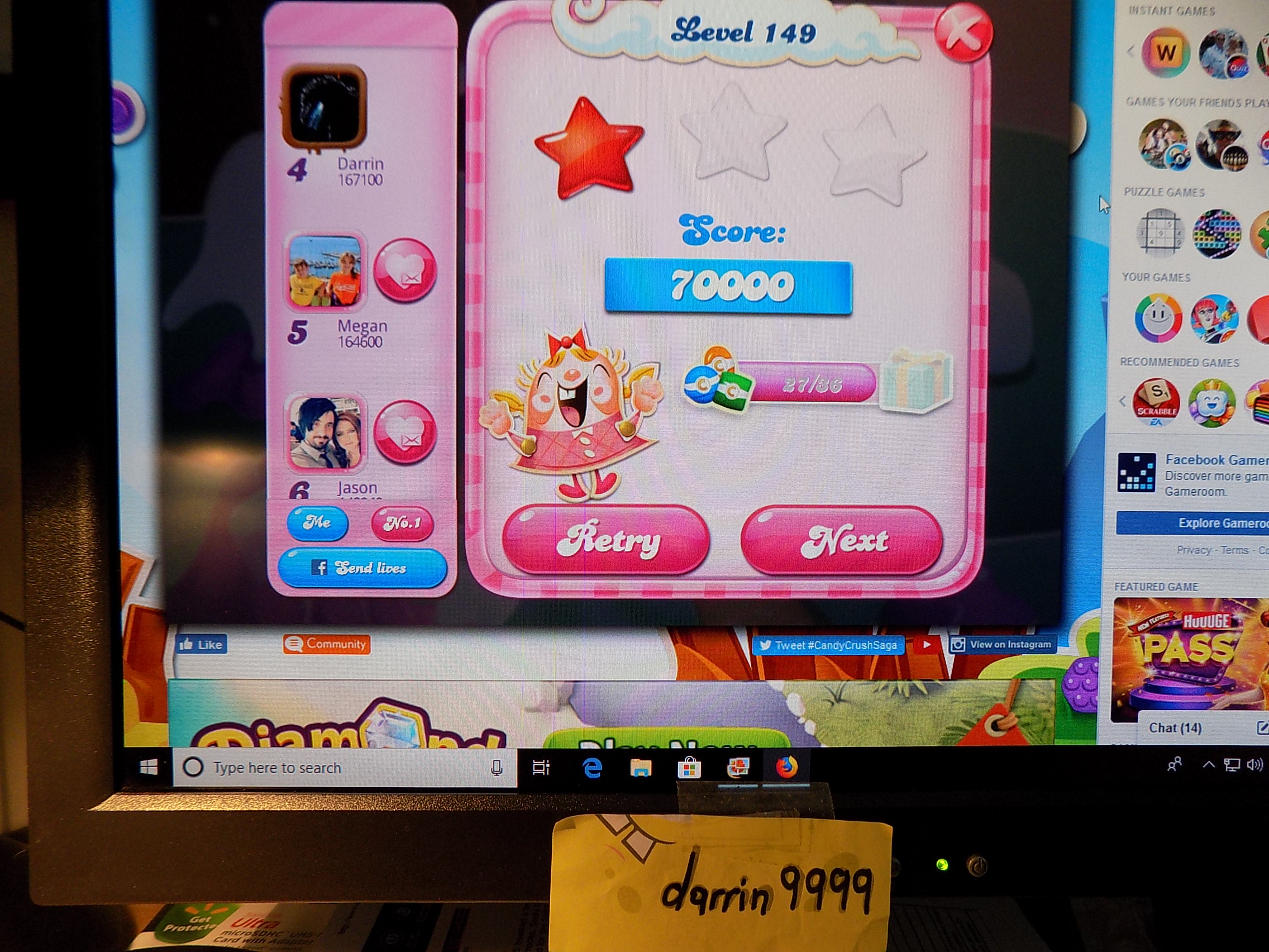 darrin9999: Candy Crush Saga: Level 149 (Web) 70,000 points on 2019-08-19 14:14:12