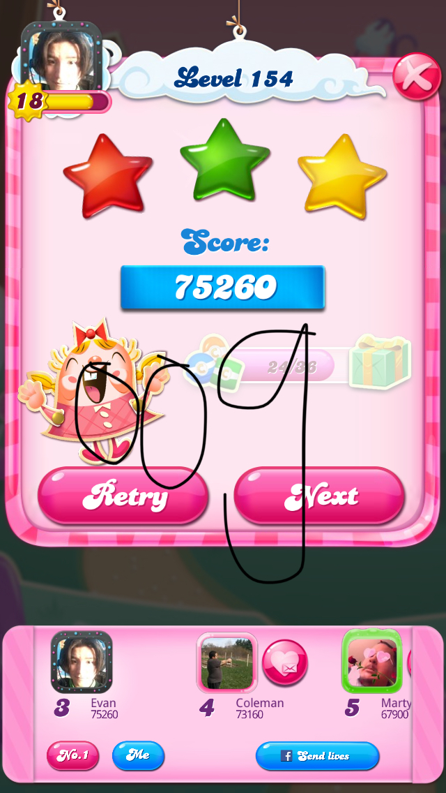 OOG: Candy Crush Saga: Level 154 (iOS) 75,260 points on 2018-04-01 10:46:39