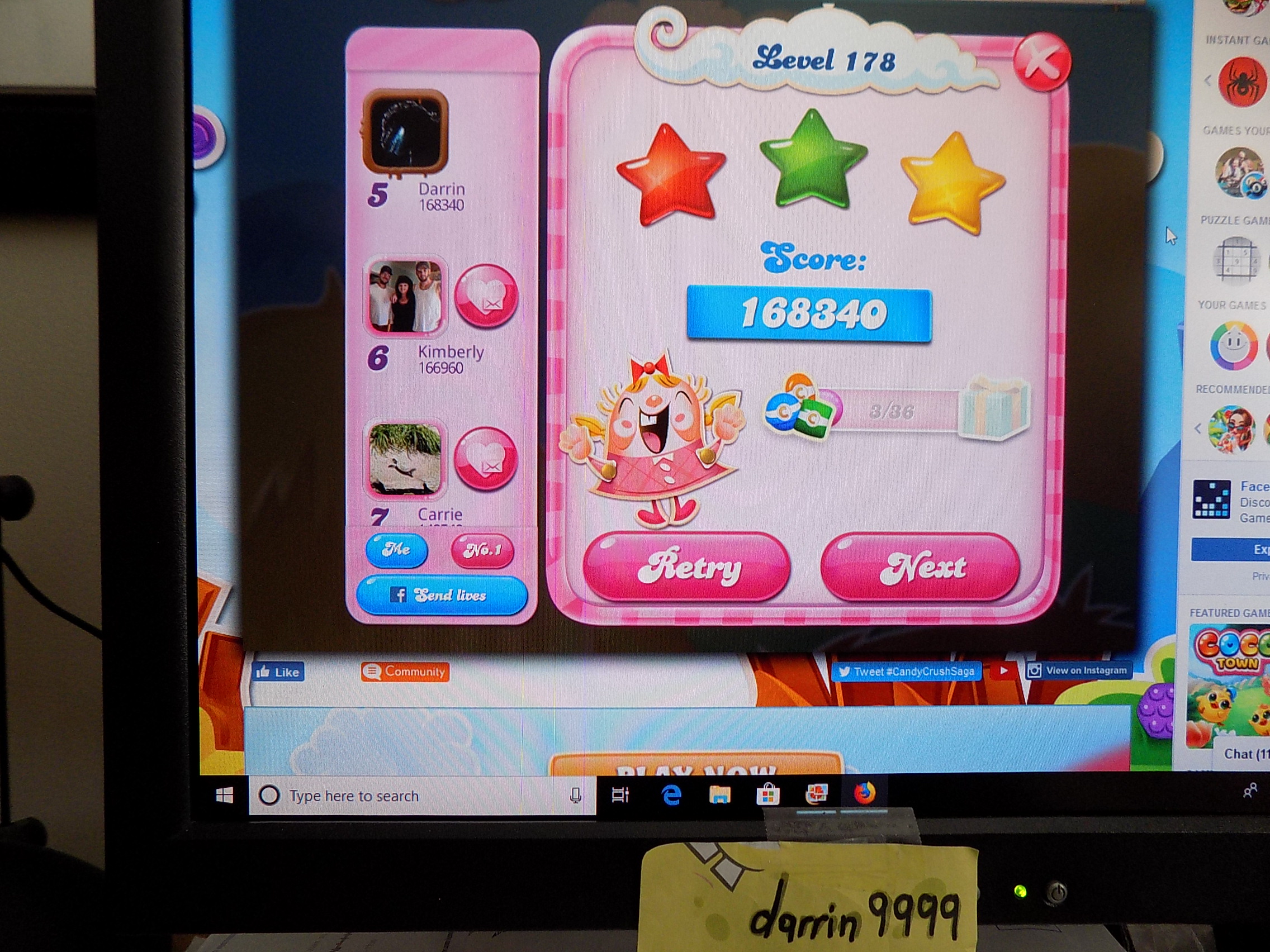 darrin9999: Candy Crush Saga: Level 178 (Web) 168,340 points on 2019-09-24 15:26:09