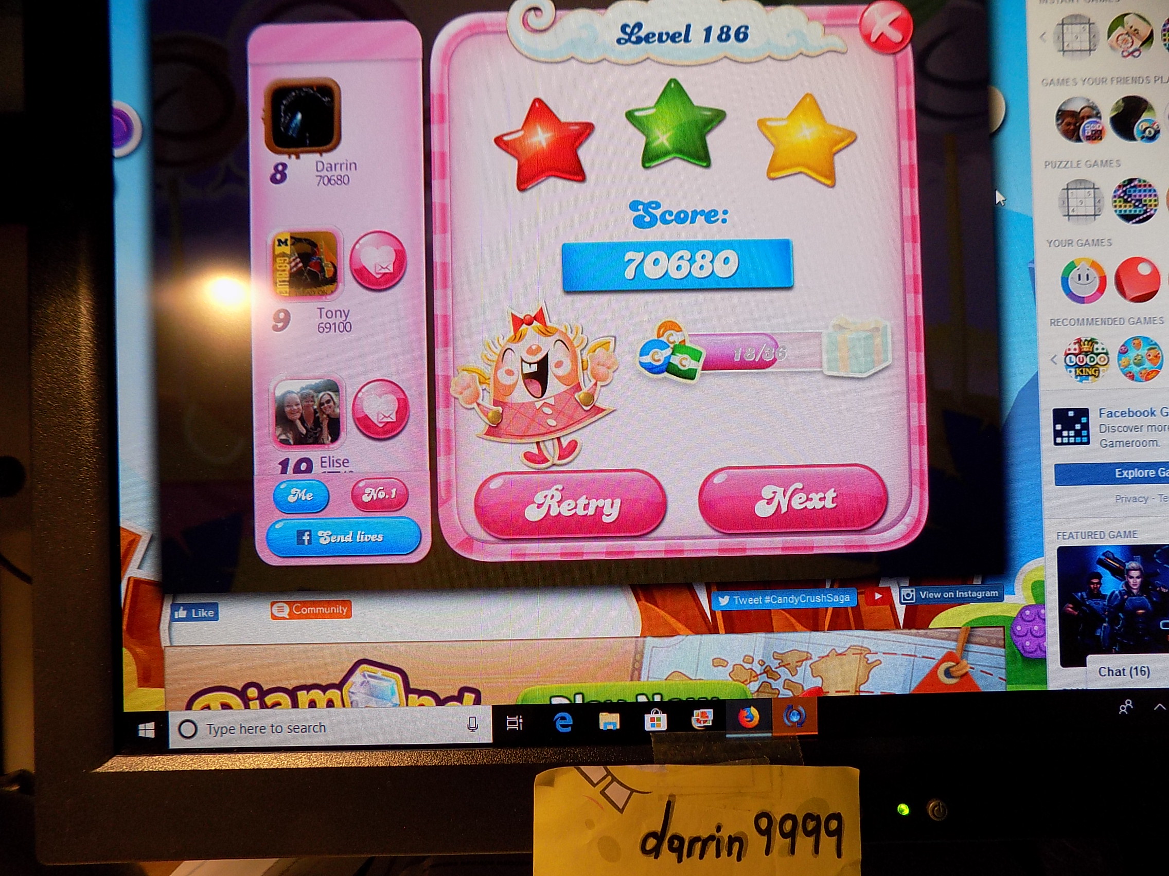 Candy Crush Saga: Level 186 70,680 points
