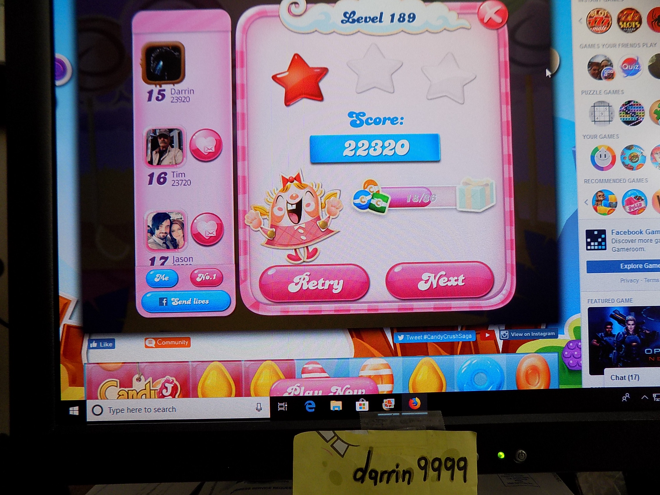 darrin9999: Candy Crush Saga: Level 189 (Web) 22,320 points on 2019-10-09 15:24:31