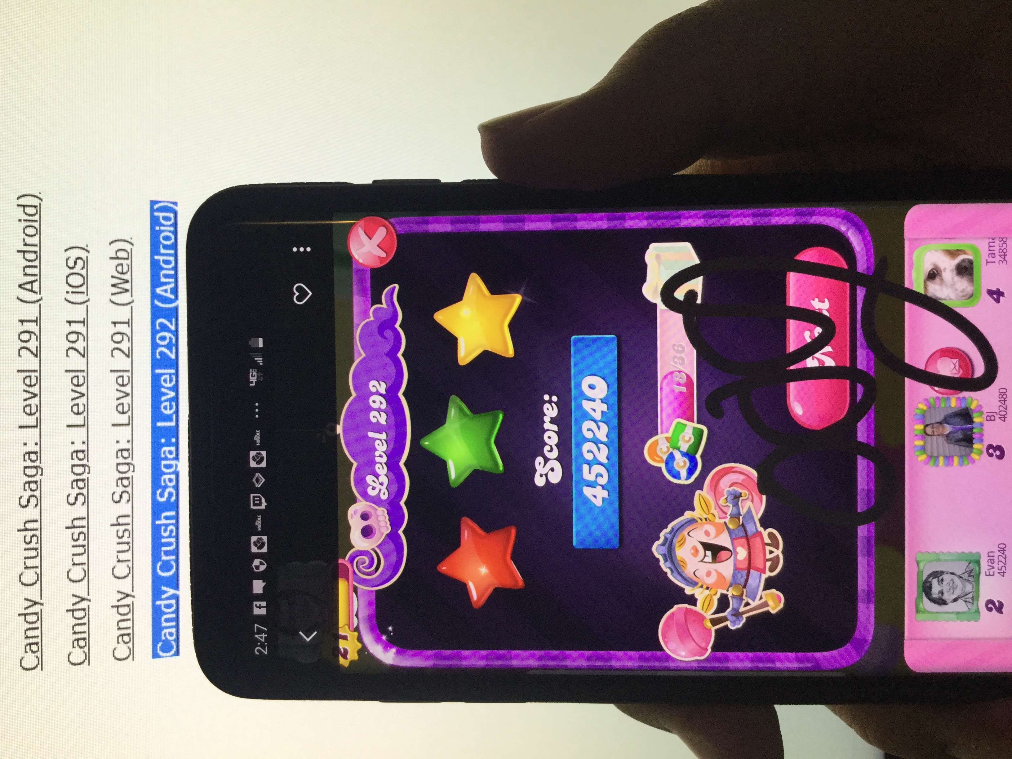 OOG: Candy Crush Saga: Level 292 (Android) 452,240 points on 2019-04-14 14:04:34