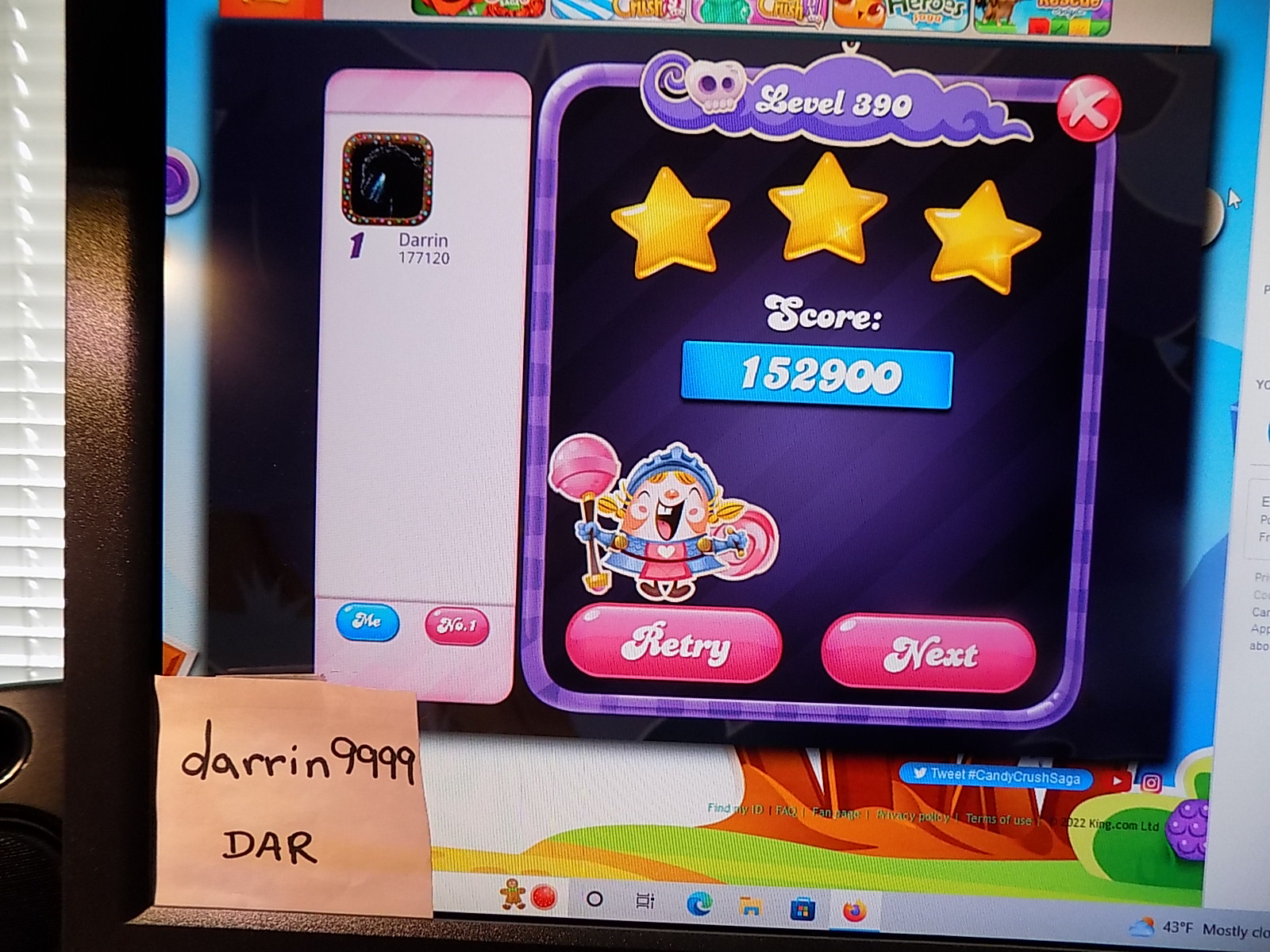 darrin9999: Candy Crush Saga: Level 390 (Web) 152,900 points on 2022-12-05 11:43:50