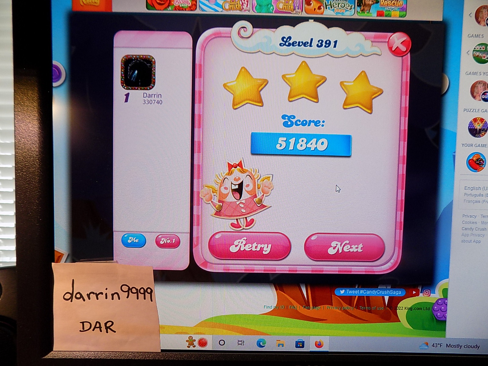 darrin9999: Candy Crush Saga: Level 391 (Web) 51,840 points on 2022-12-05 11:44:51