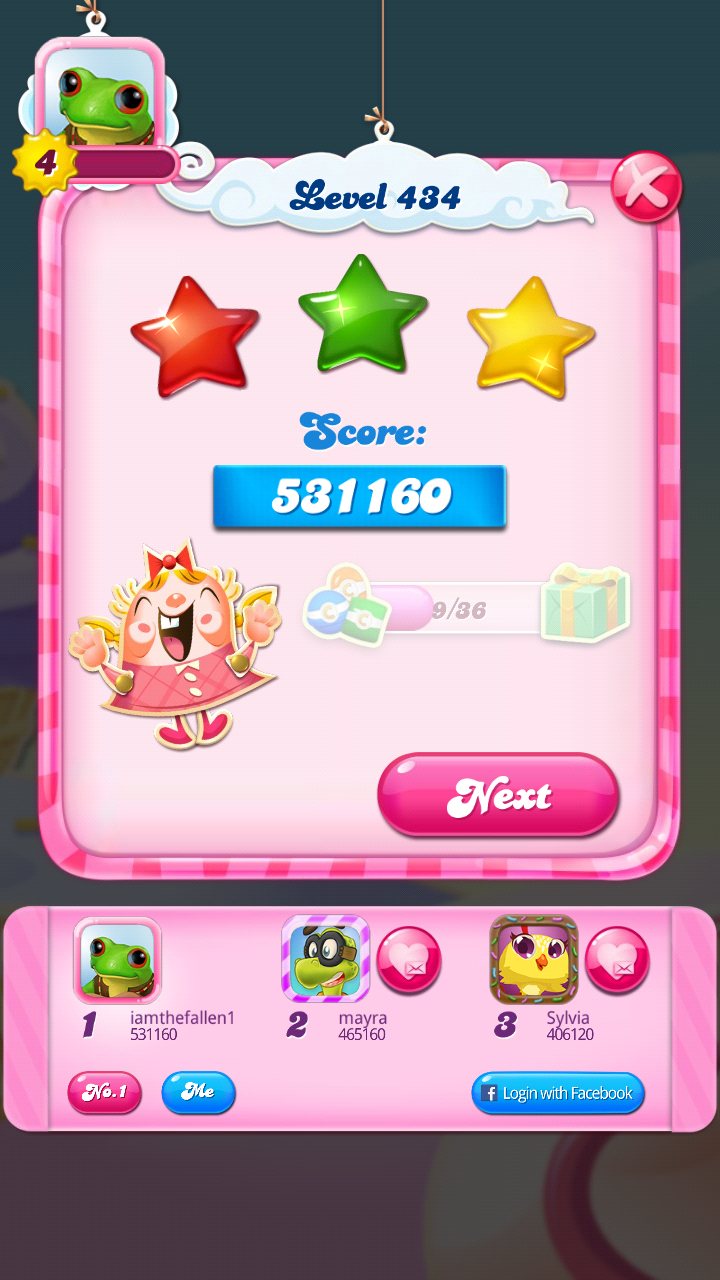iamthefallen1: Candy Crush Saga: Level 434 (Android) 531,160 points on 2018-08-25 20:01:03